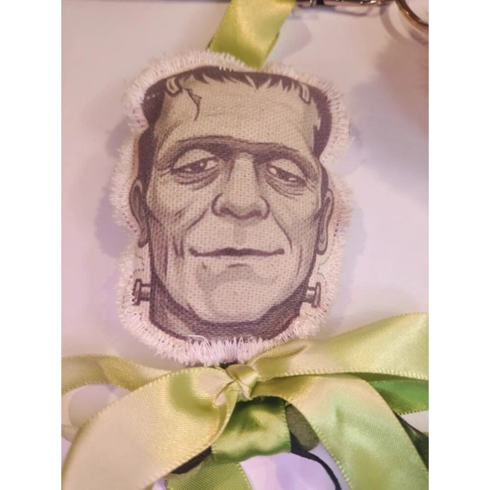 Vintage Frankenstein Halloween Bag Charm Keyring Set with Pom Pom & Spray